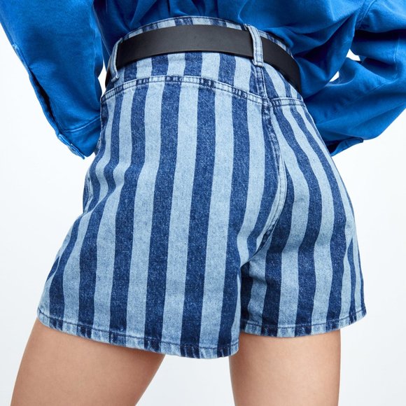 Zara High Waisted Striped Denim Shorts Size 4 NWT!! - Picture 2 of 12